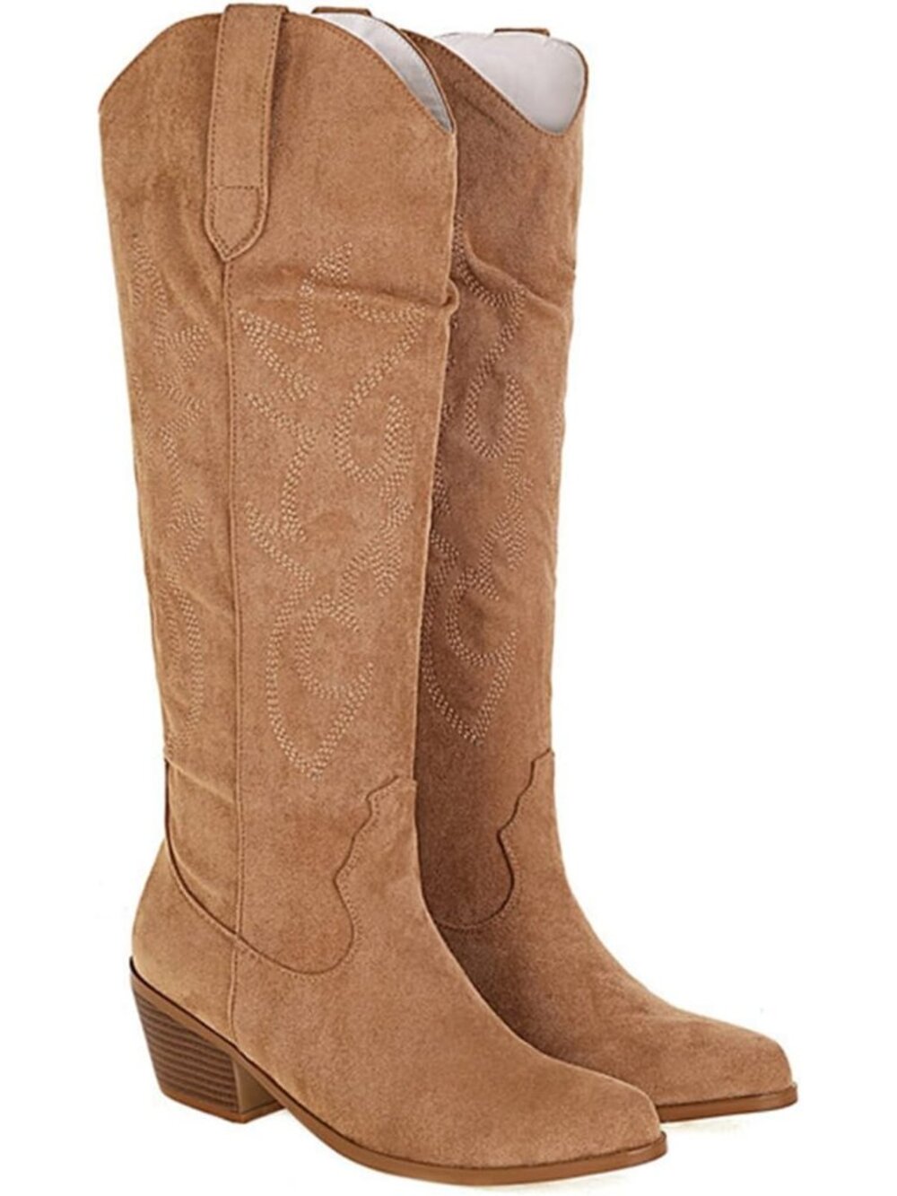 Women’s Brown Wide Calf Cowgirl Boots Knee High Embroidered Mid Heel Western